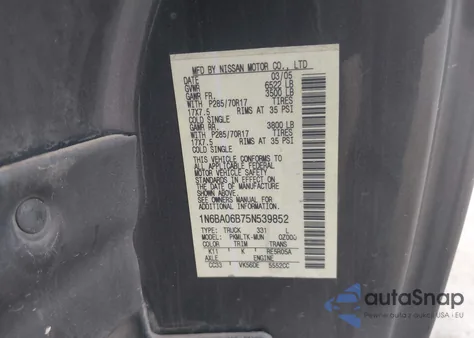 2005 Nissan Titan Se z USA, uszkodzony, nr VIN 1N6BA06B75N539852
